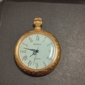 Vintage Armitron Ladies Pocket Watch Pendant, Floral Back, Gold Plated - Working